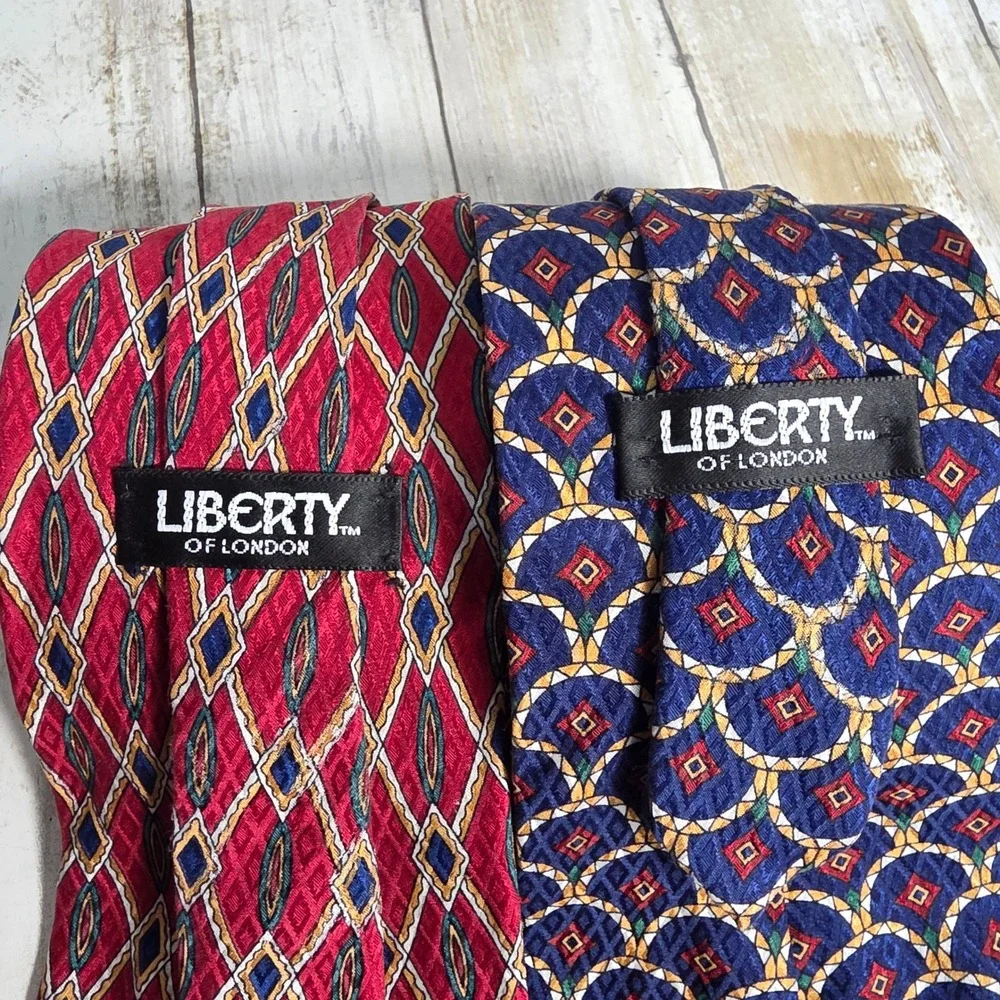 Liberty of London Mens Silk Necktie Set Red Diamond Navy Medallion Geometric 2pk